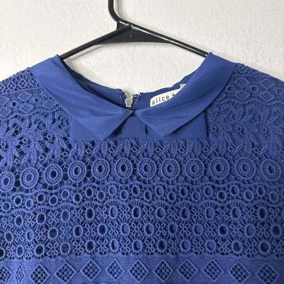 Alice + Olivia Blue Inez Bow Collar Lace Popover Dress Sz 8 Sleeveless Cocktail - Picture 3 of 8